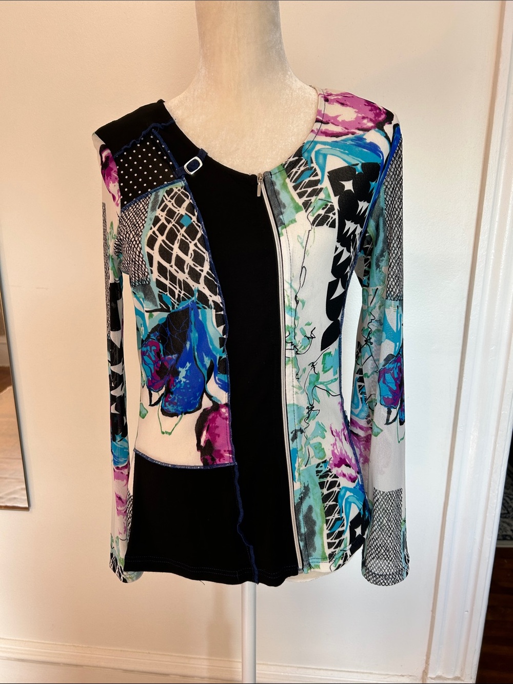 Vintage Kaktus Black, Teal & Purple Floral Patchwork Long Sleeve Top